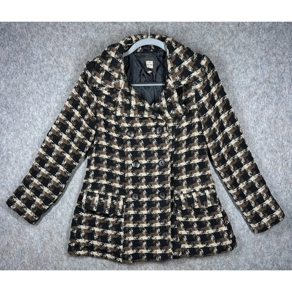 Old Navy Vintage Wool Blend Plaid Pea Coat Womens Medium Brown Double Breasted
